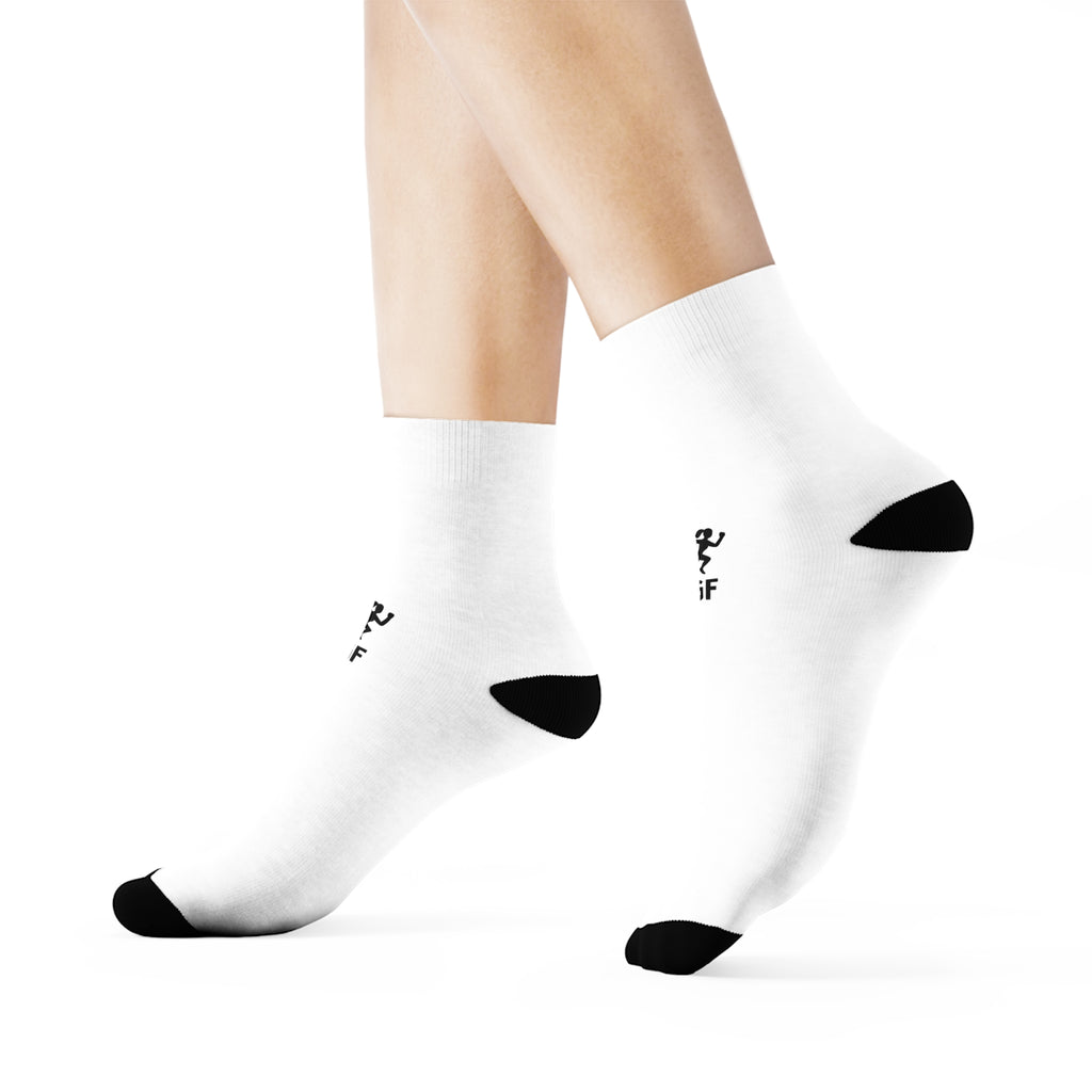 Finna Get Fit Sprint Runner Minimalist White Crew Socks with Small Black Graphic – Everyday Casual Athletic Socks