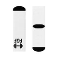Finna Get Fit Barbell Crew Socks Minimalist white crew socks with small Black graphic Everyday casual athletic socks