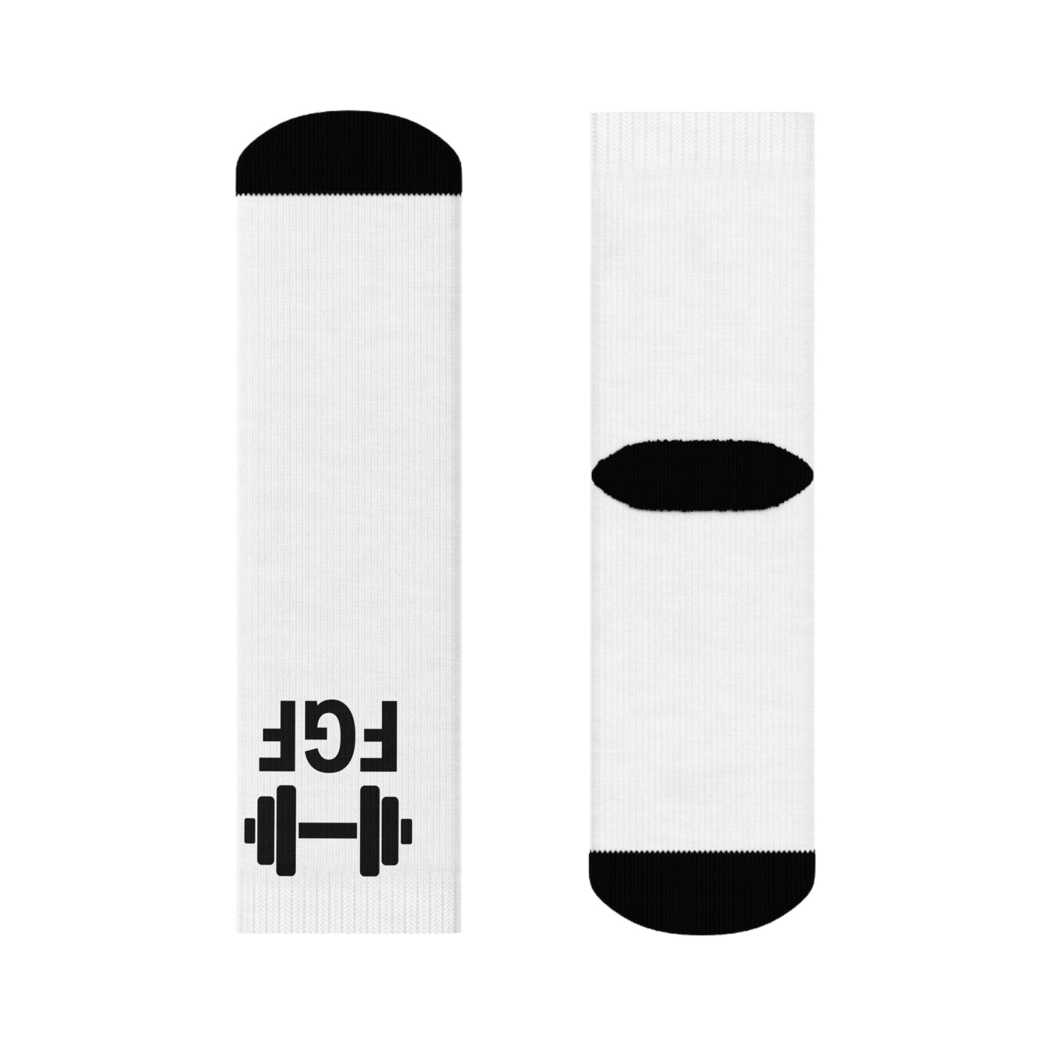 Finna Get Fit Barbell Crew Socks Minimalist white crew socks with small Black graphic Everyday casual athletic socks