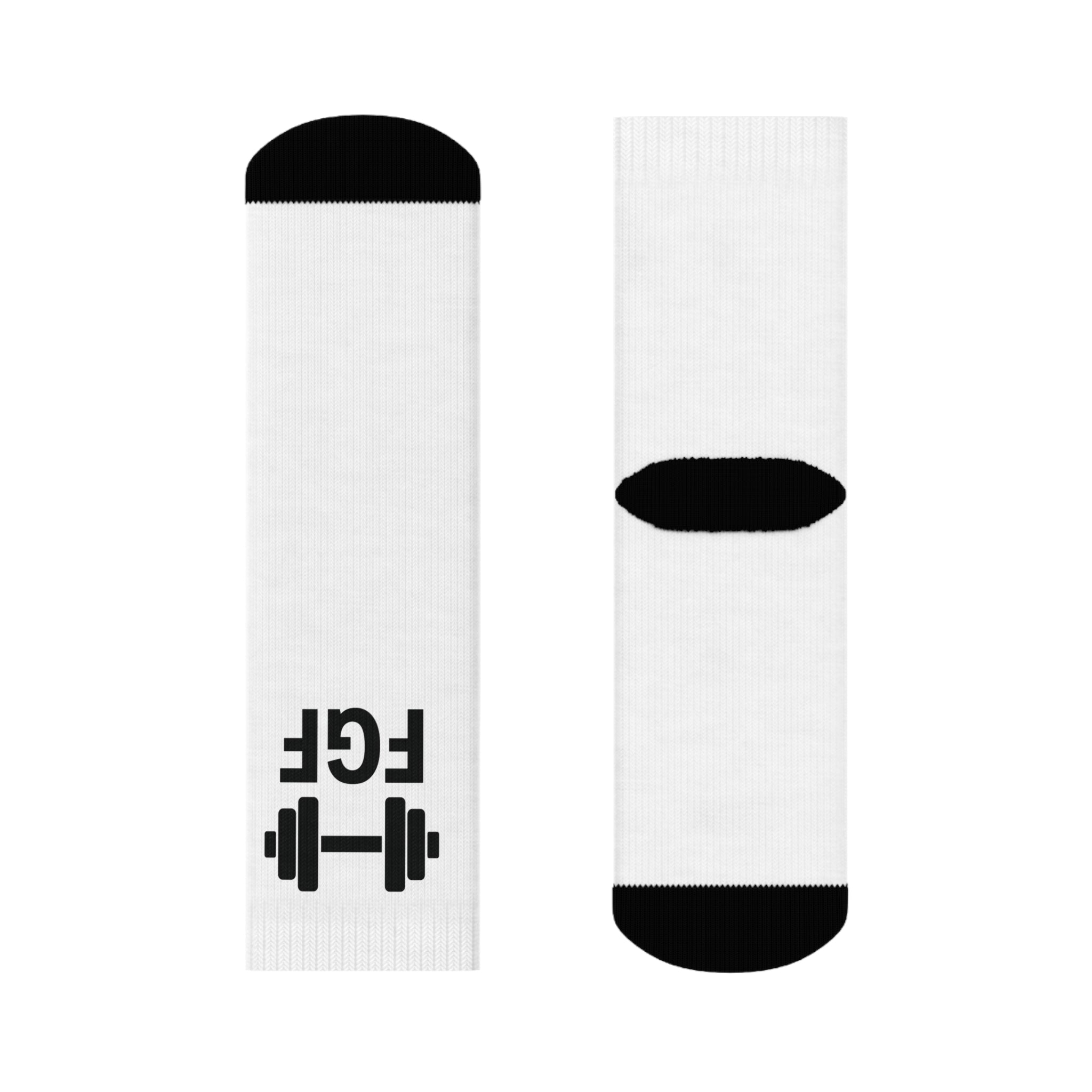 Finna Get Fit Barbell Crew Socks Minimalist white crew socks with small Black graphic Everyday casual athletic socks