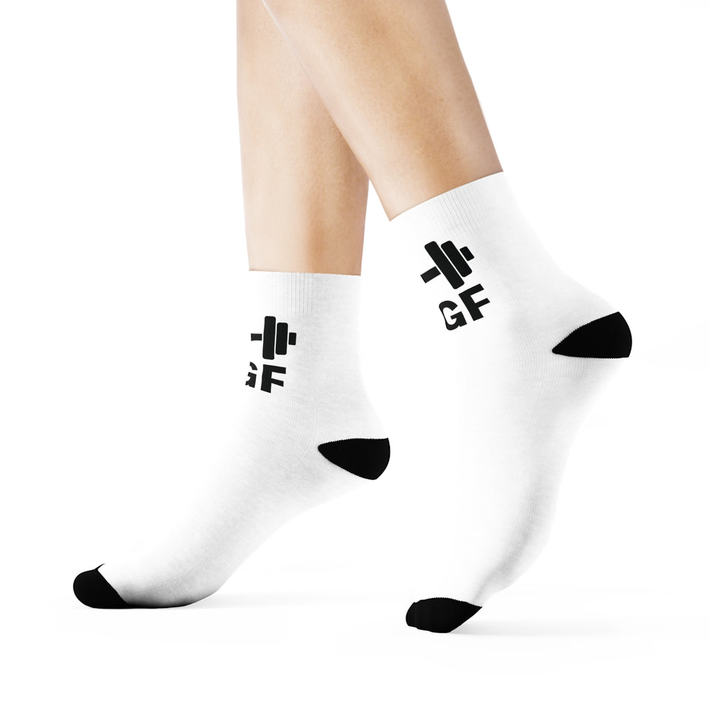 Finna Get Fit Barbell Crew Socks Minimalist white crew socks with small Black graphic Everyday casual athletic socks